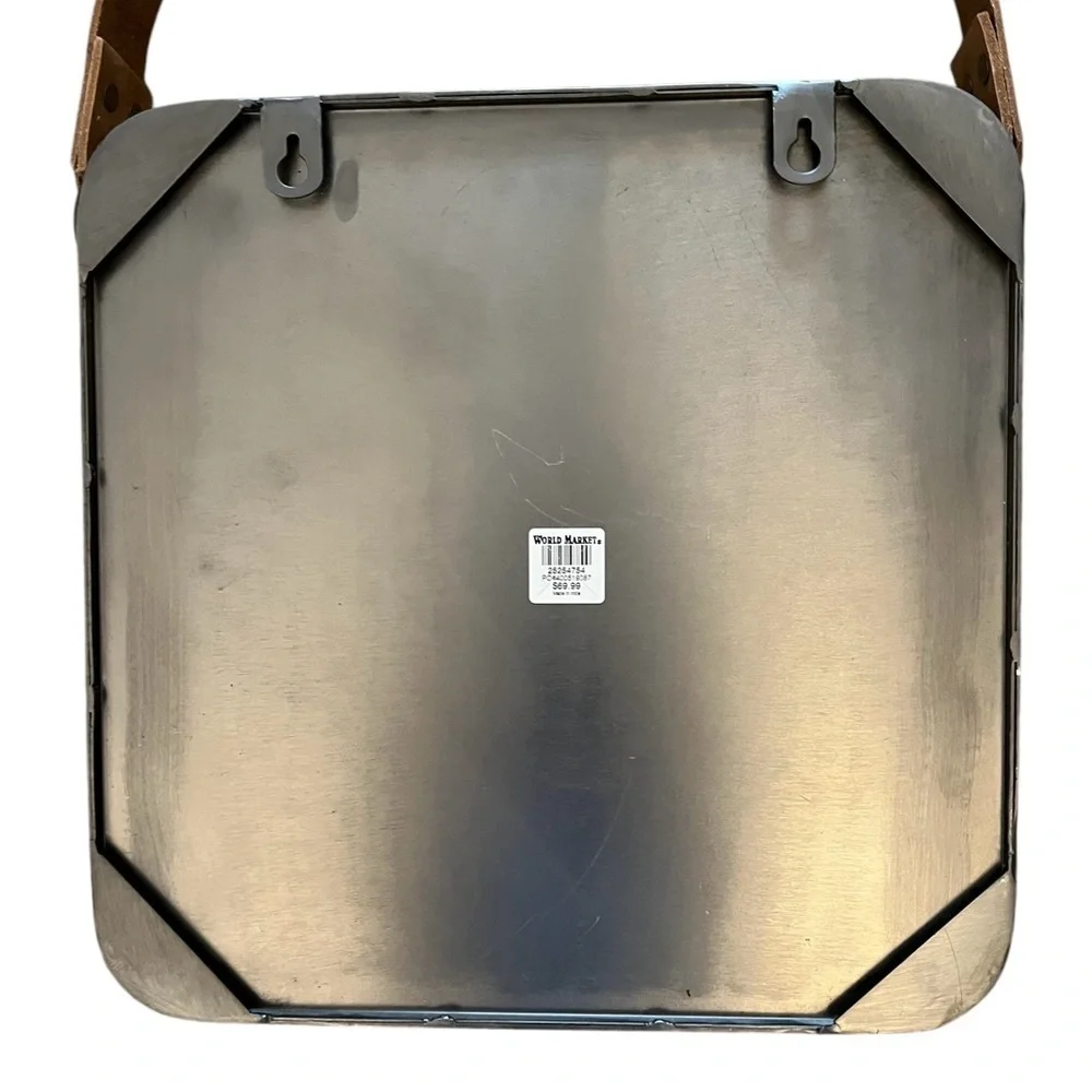 WORLD MARKET metal framed square mirror with leather strap
